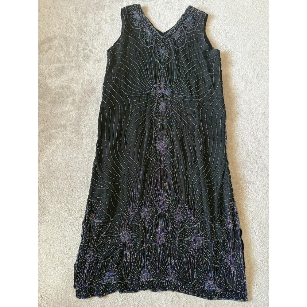 Vintage Star Group Womens L Beaded Dress Sleeveless Silk Party Dress Black